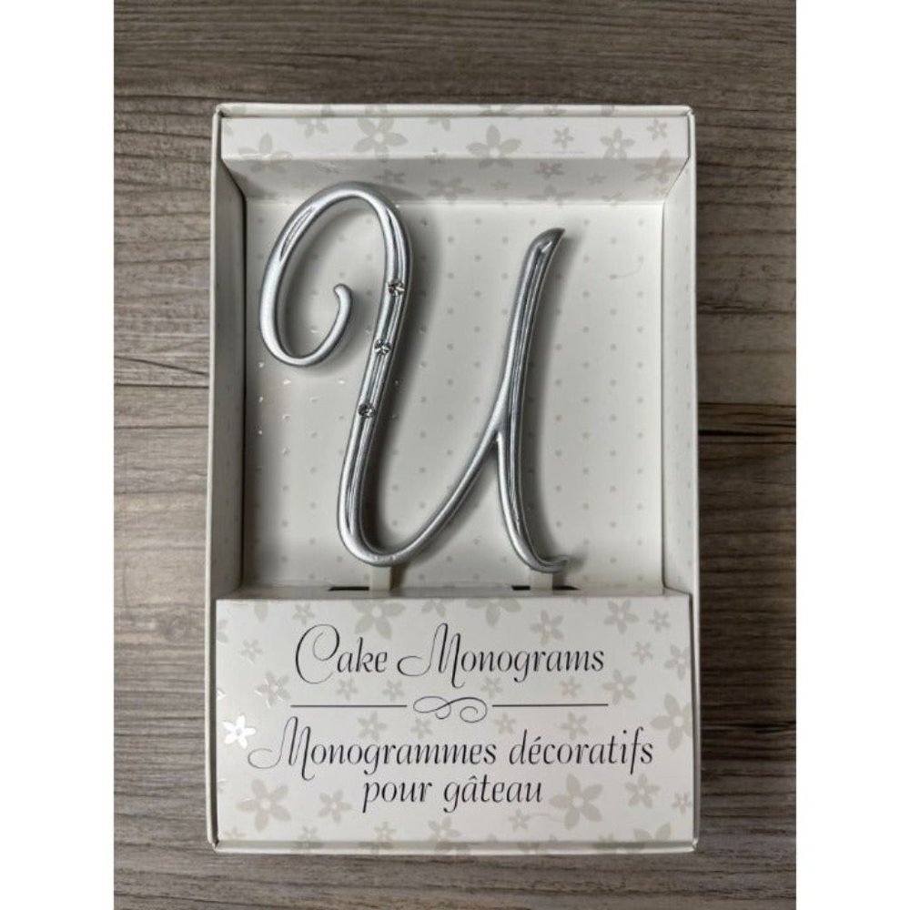 Wedding Small U Silver Finish Monogram Initial Rhinestones Cake Topper